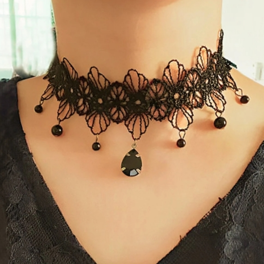 NEW! SEXY BLACK LACE & JEWELS CHOKER NECKLACE - Flirty Gift - Picture 3 of 7